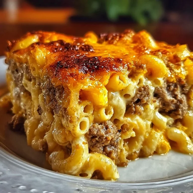 Delicious Mac and Cheese Meatloaf Casserole topped with melted cheese.