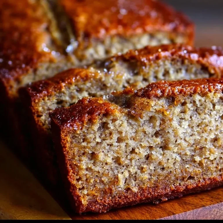 Loaf of moist banana bread with slices cut for serving
