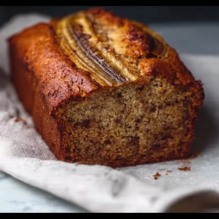 Delicious one bowl banana bread fresh out of the oven on a wooden table
