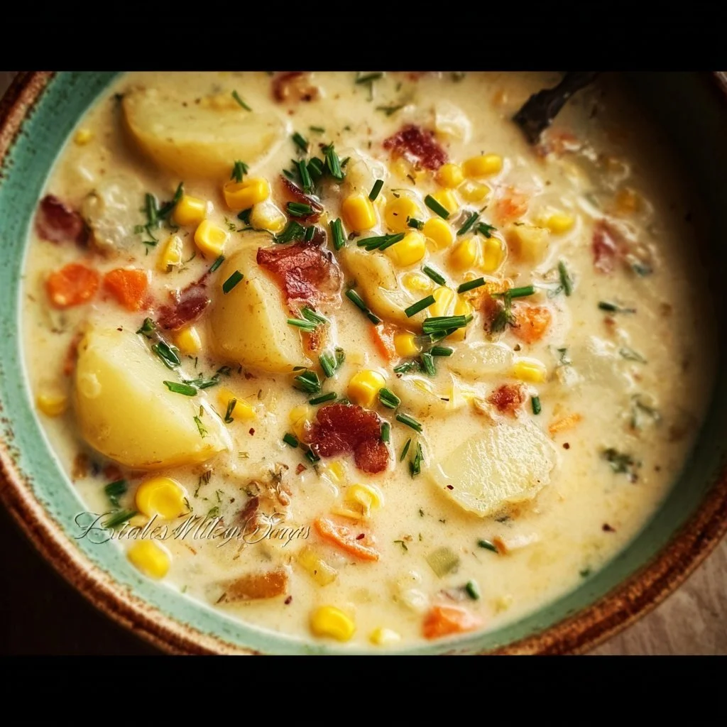 Bowl of creamy Potato Corn Chowder with fresh herbs and corn kernels