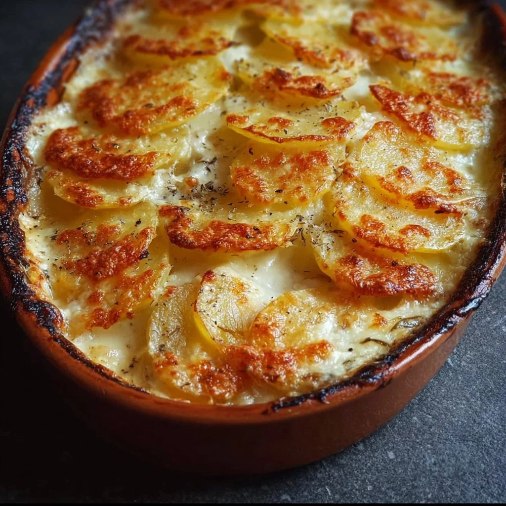 Deliciously baked Potatoes Au Gratin topped with melted cheese and herbs