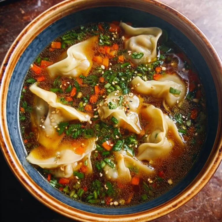 Bowl of homemade Potsticker Soup with dumplings and green onions