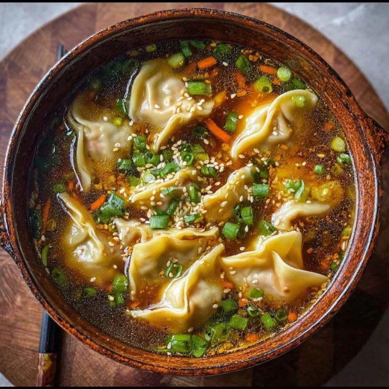 A bowl of comforting Potsticker Soup with steaming dumplings and vibrant vegetables.