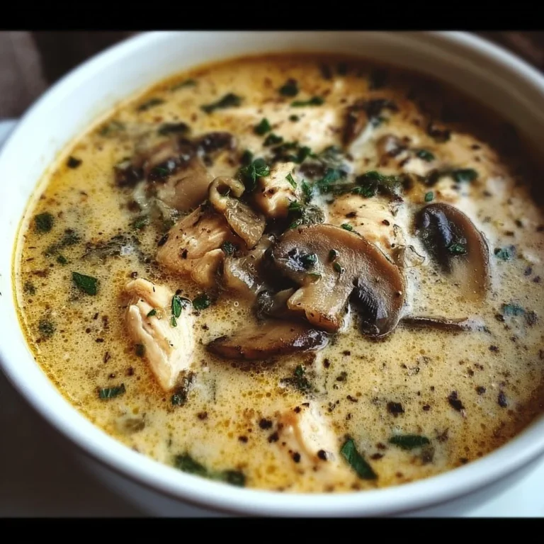 Delicious bowl of rotisserie chicken mushroom soup garnished with herbs.