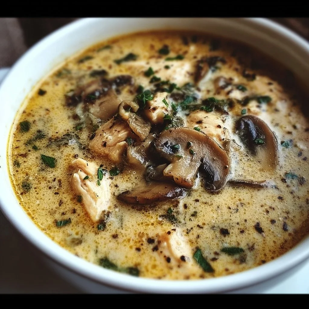 Delicious bowl of rotisserie chicken mushroom soup garnished with herbs.