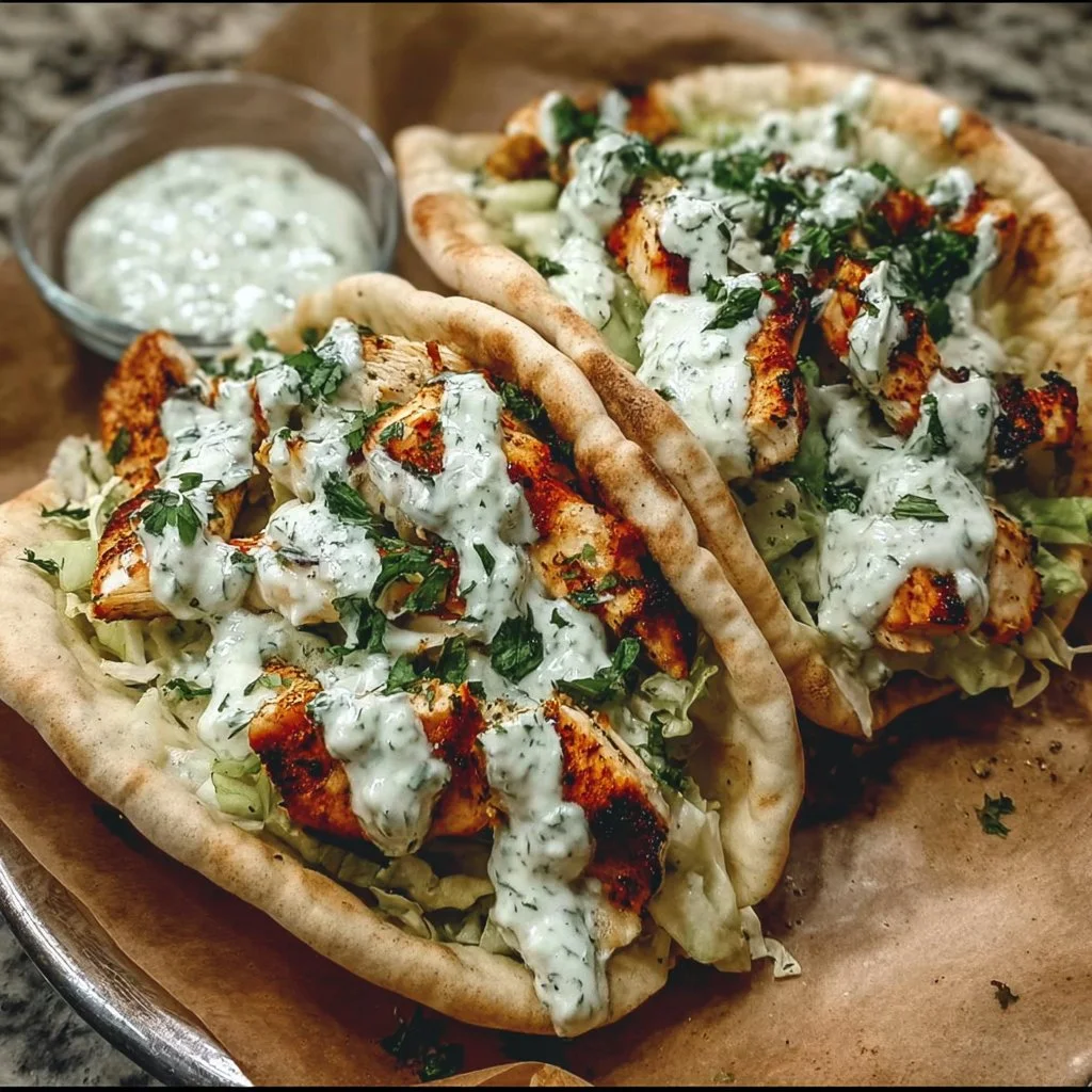 Sheet pan chicken pitas topped with herby ranch dressing