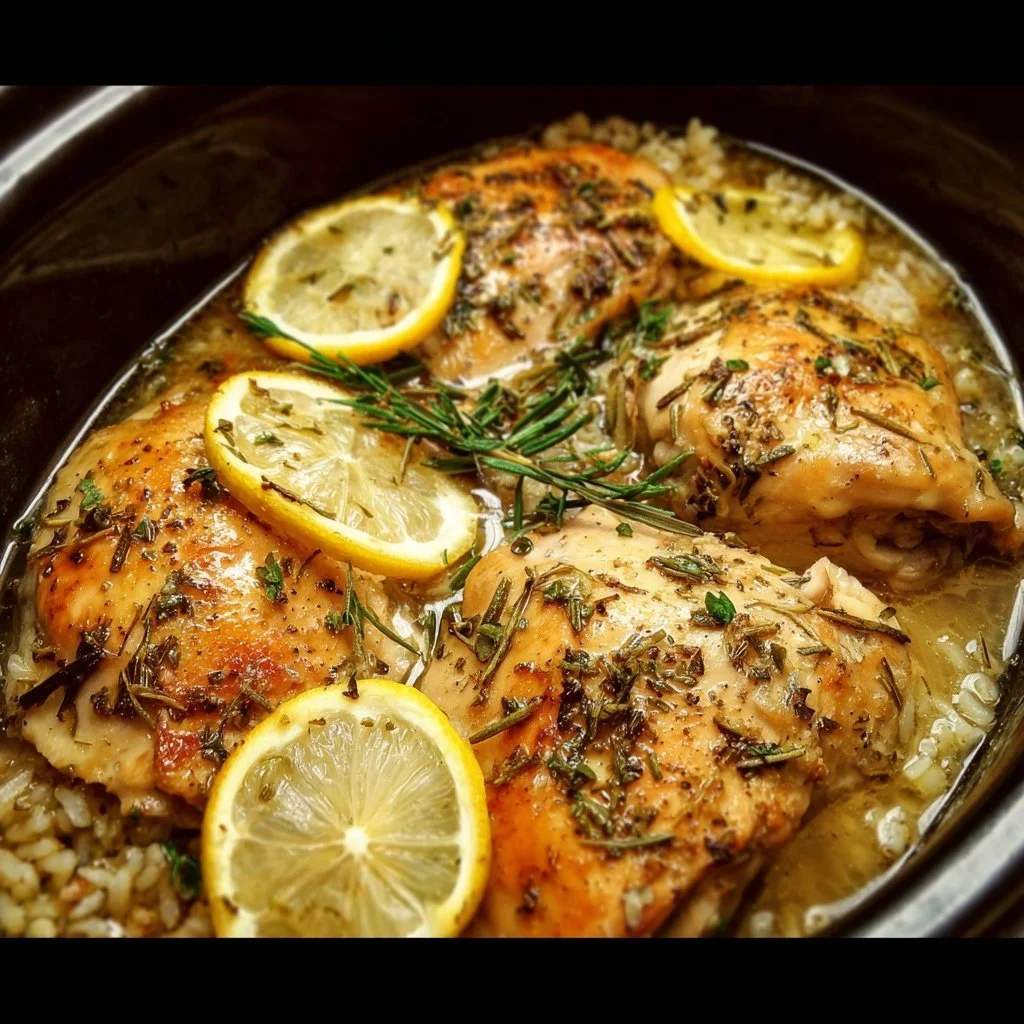 Delicious slow cooker lemon herb chicken garnished with herbs and lemon slices.