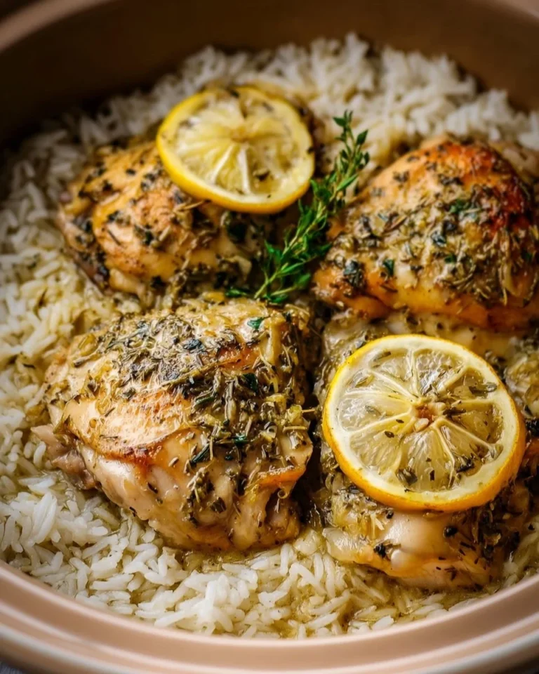 Delicious slow cooker lemon herb chicken served with fluffy rice