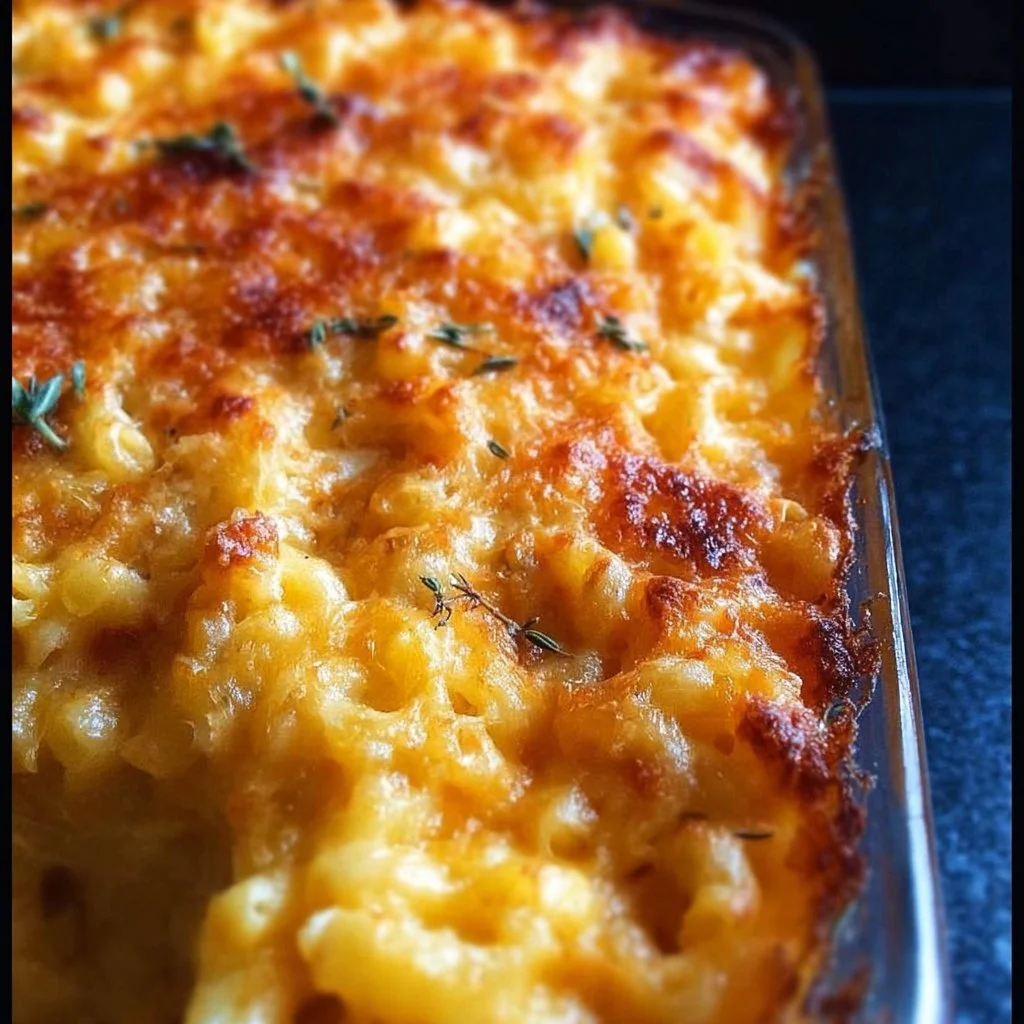 Southern baked macaroni and cheese served in a white dish