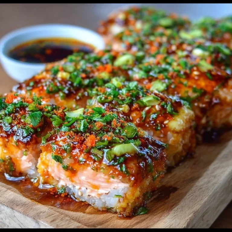 Delicious Spicy Salmon Sushi Bake topped with creamy sauce and green onions