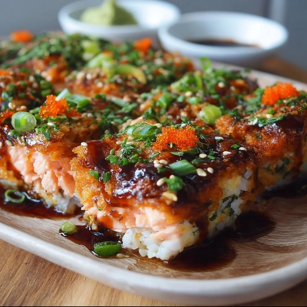 Delicious spicy salmon sushi bake served in a dish with garnishes
