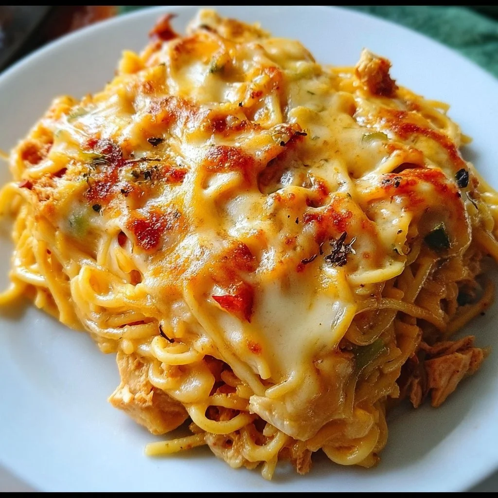 Spicy Southern Cheesy Chicken Spaghetti Casserole served in a baking dish