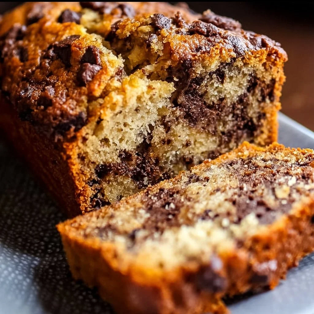 Super moist chocolate chip banana bread fresh from the oven