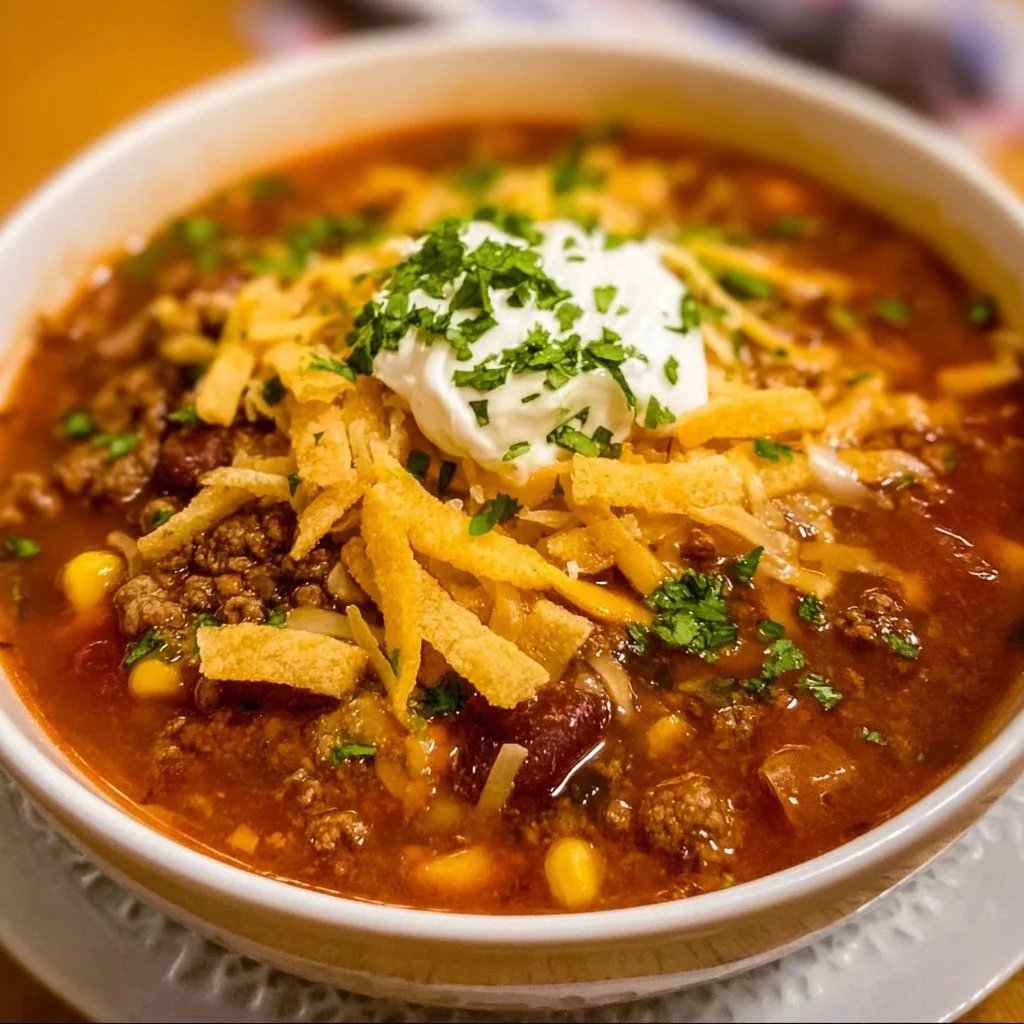 Bowl of flavorful Taco Soup garnished with cheese and cilantro