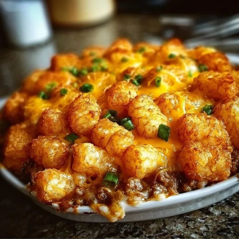 Delicious homemade Tater Tot Casserole topped with cheese and crispy tater tots.