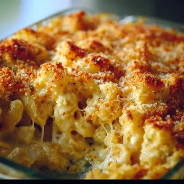 Creamy baked mac and cheese casserole topped with golden breadcrumbs