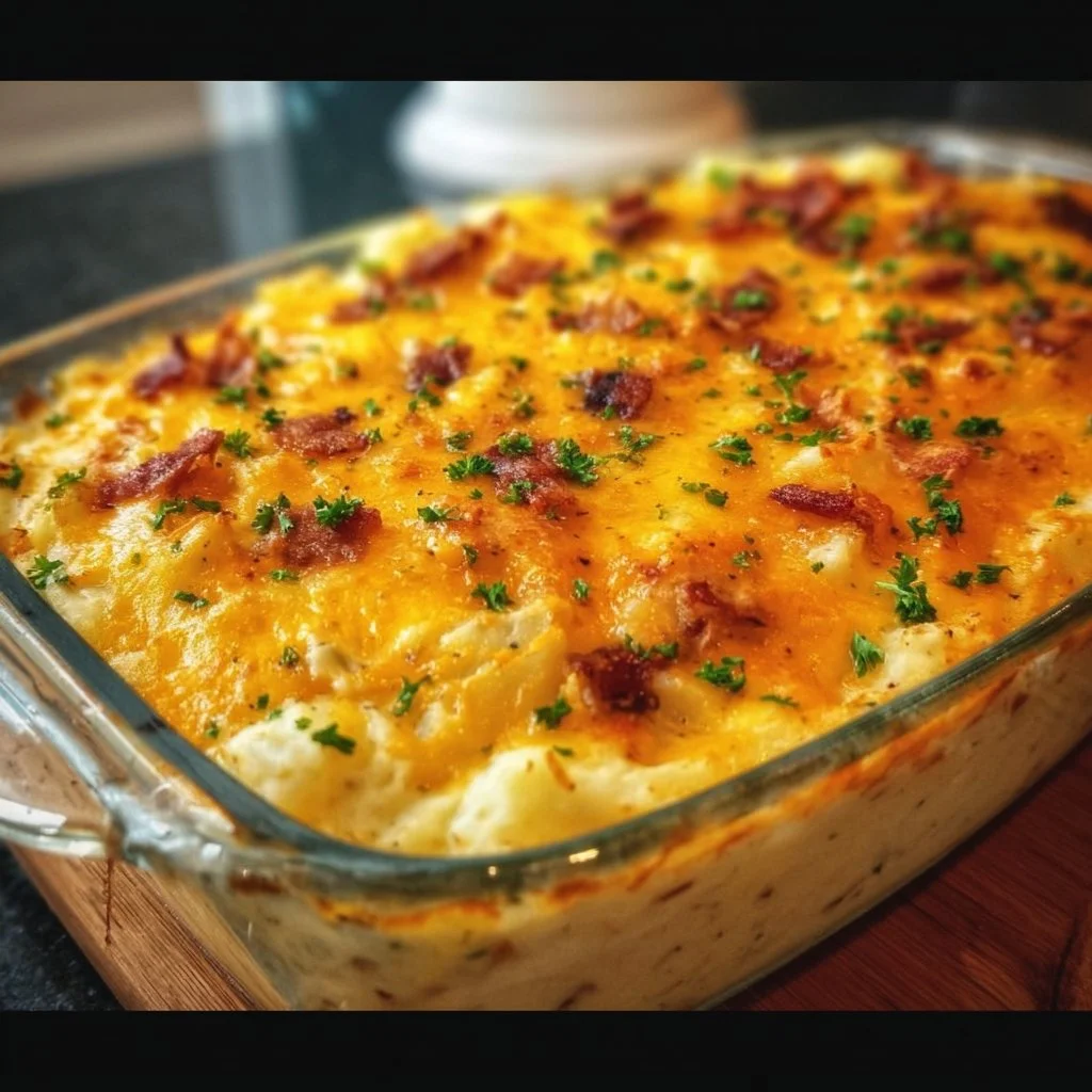 Delicious twice baked potato casserole topped with cheese and chives