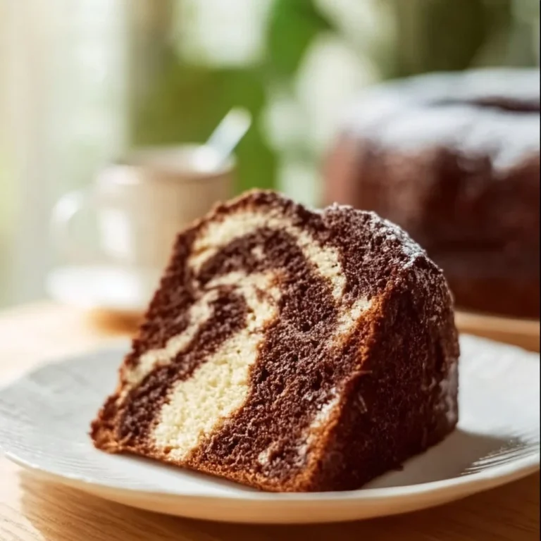Une part de cake marbré au chocolat avec de belles marbrures chocolatées.
