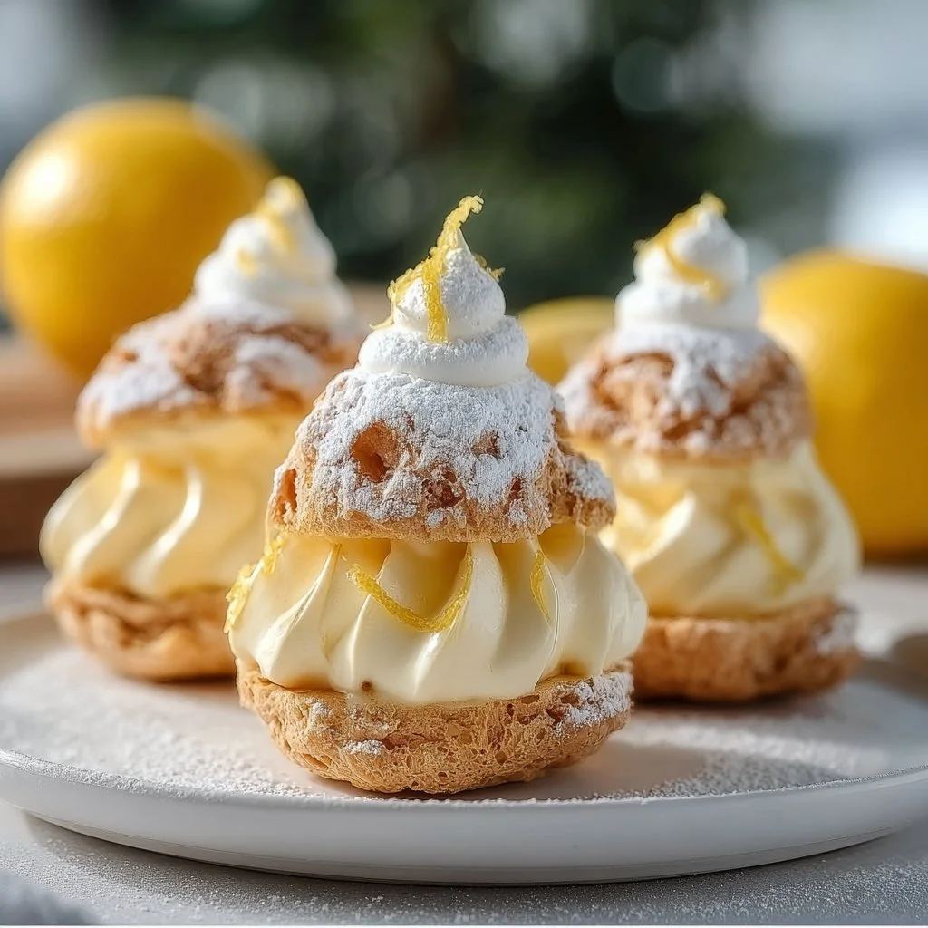 Choux à la crème au citron garnis de crème pâtissière et zeste de citron.