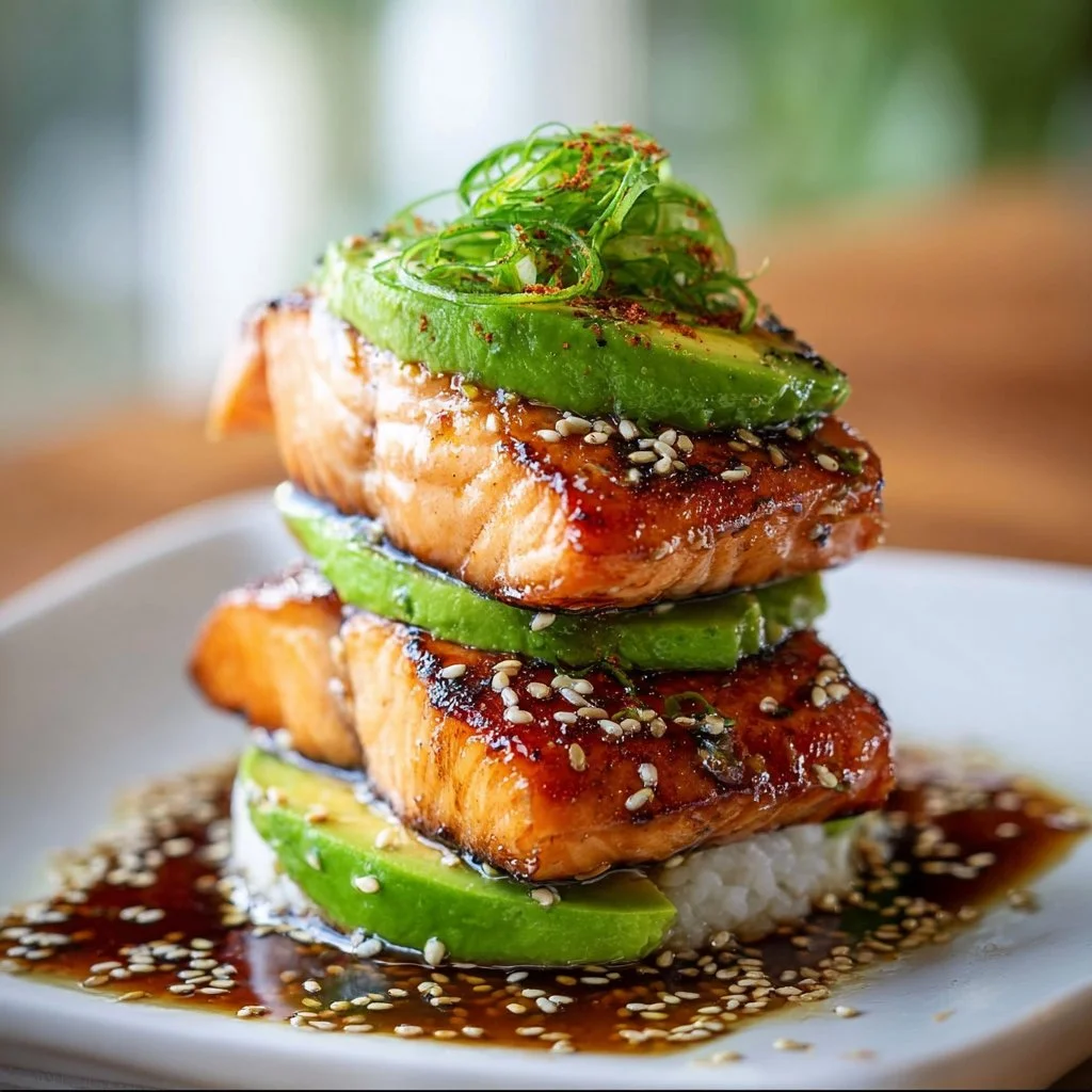 Empilement de saumon teriyaki et avocat sur une assiette savoureuse.