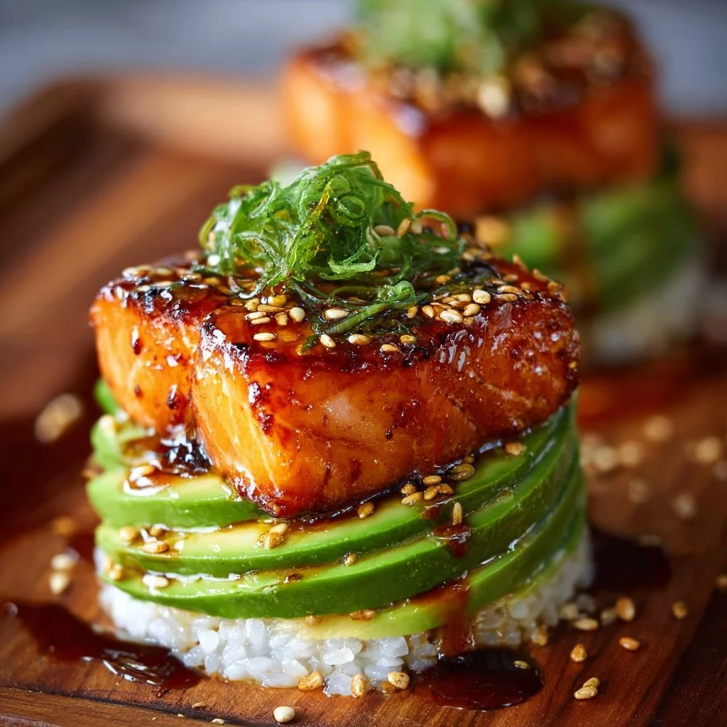 Empilement de saumon teriyaki et avocat