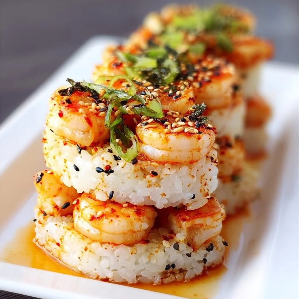 Sushi aux crevettes épicées soigneusement empilés sur une assiette.