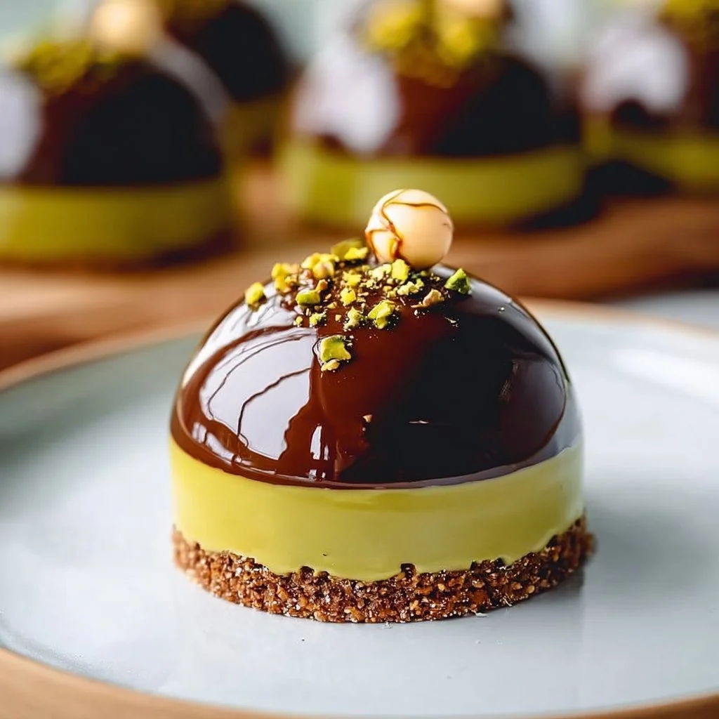 Entremet praliné aux pistaches présenté sur une assiette élégante.