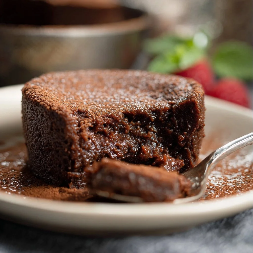 Fondant au chocolat parfaitement cuit avec un cœur coulant de chocolat noir