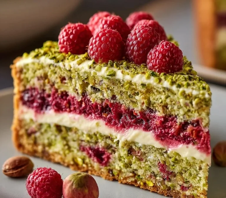 Gâteau Céleste Pistache-Framboise sur fond élégant