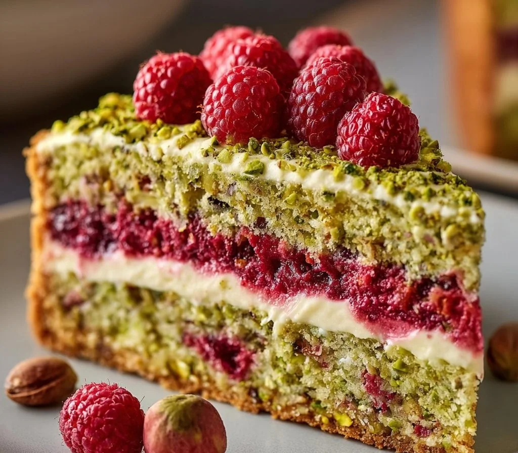 Gâteau Céleste Pistache-Framboise sur fond élégant