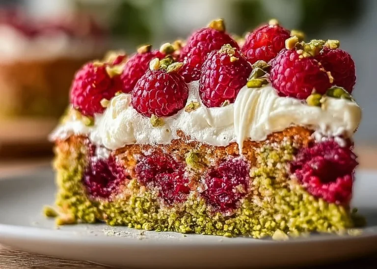 Gâteau Céleste Pistache-Framboise, un dessert élégant et délicieux.