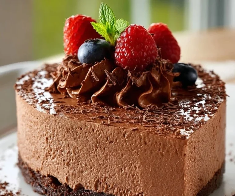Succulent Gâteau Mousse au Chocolat décoré avec des copeaux de chocolat.