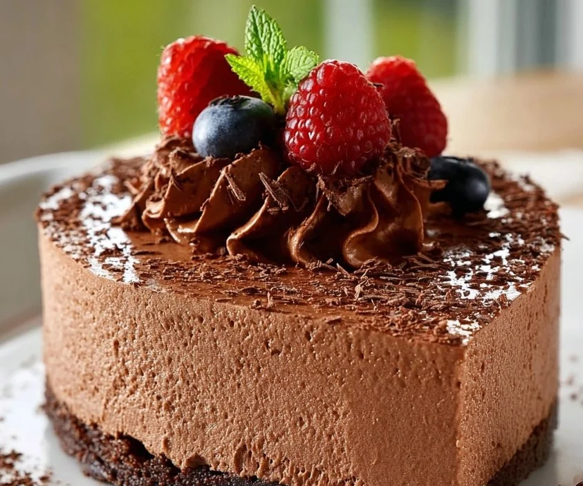 Succulent Gâteau Mousse au Chocolat décoré avec des copeaux de chocolat.