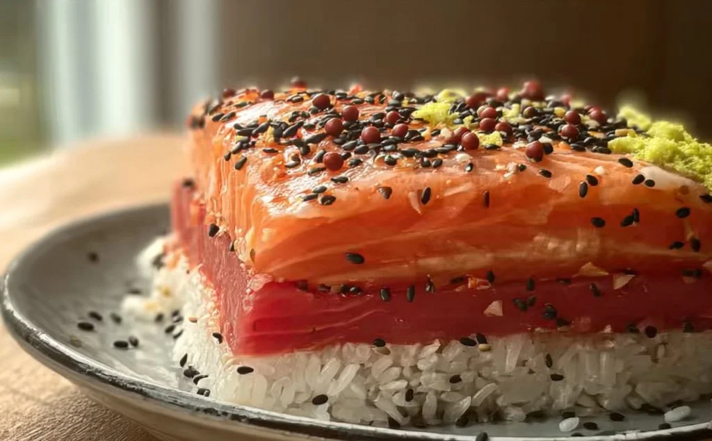 Gâteau sushi coloré et créatif en présentation artistique.