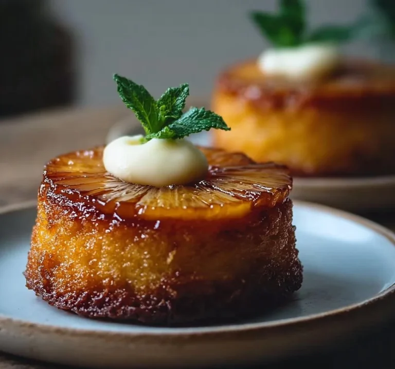 Petits moelleux renversés à l’ananas et mascarpone sur une assiette