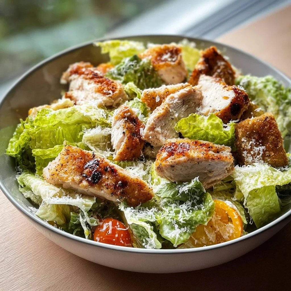 Salade César au Poulet Light préparée au Airfryer, saine et délicieuse.