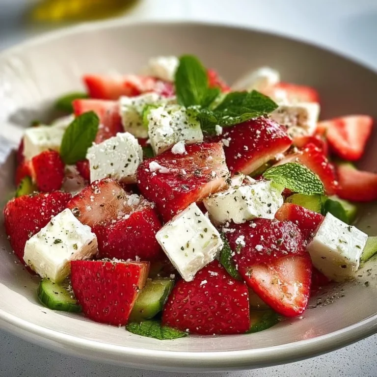 Salade de fraises et feta avec vinaigrette sur table ensoleillée