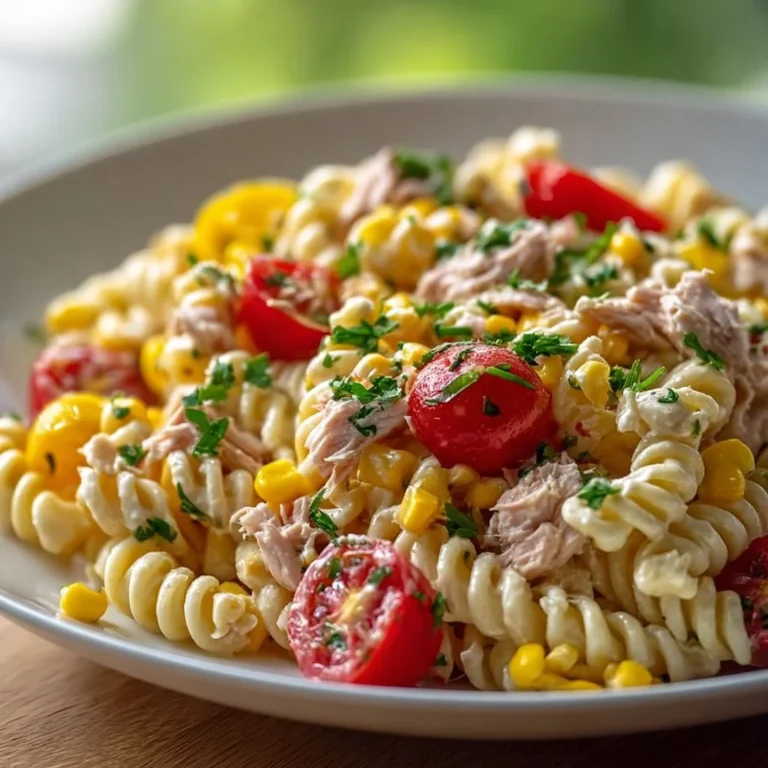 Salade de pâtes au thon, maïs et tomates cerises dans un bol en verre