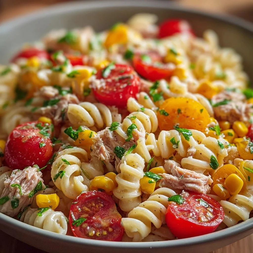 Salade de Pâtes au Thon, Maïs et Tomates Cerises