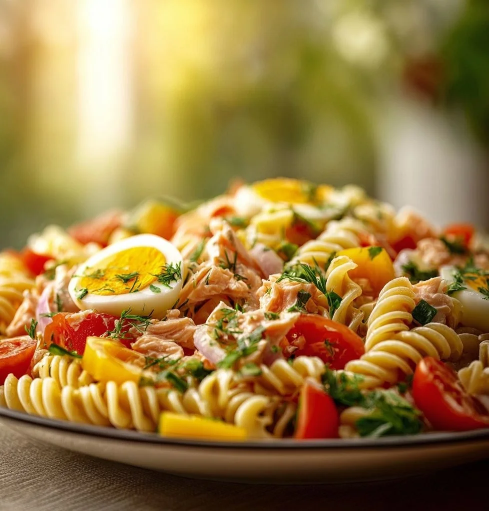 Salade de pâtes estivale avec légumes frais et vinaigrette légère