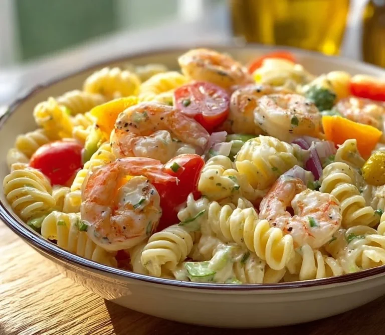 Salade de pâtes froide aux crevettes garnie d'herbes fraîches.