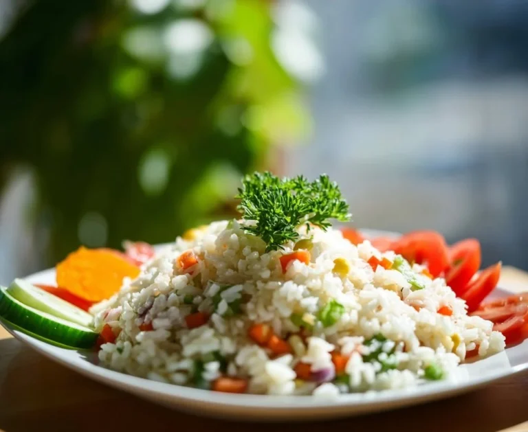 Salade de riz colorée avec légumes frais et vinaigrette