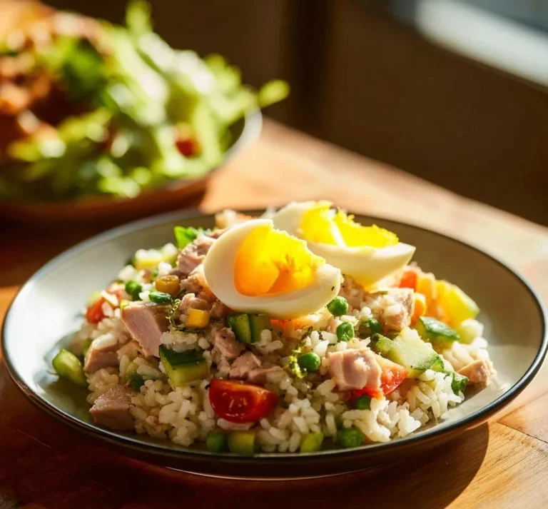 Recette de salade de riz avec thon et œufs, plat coloré et savoureux.