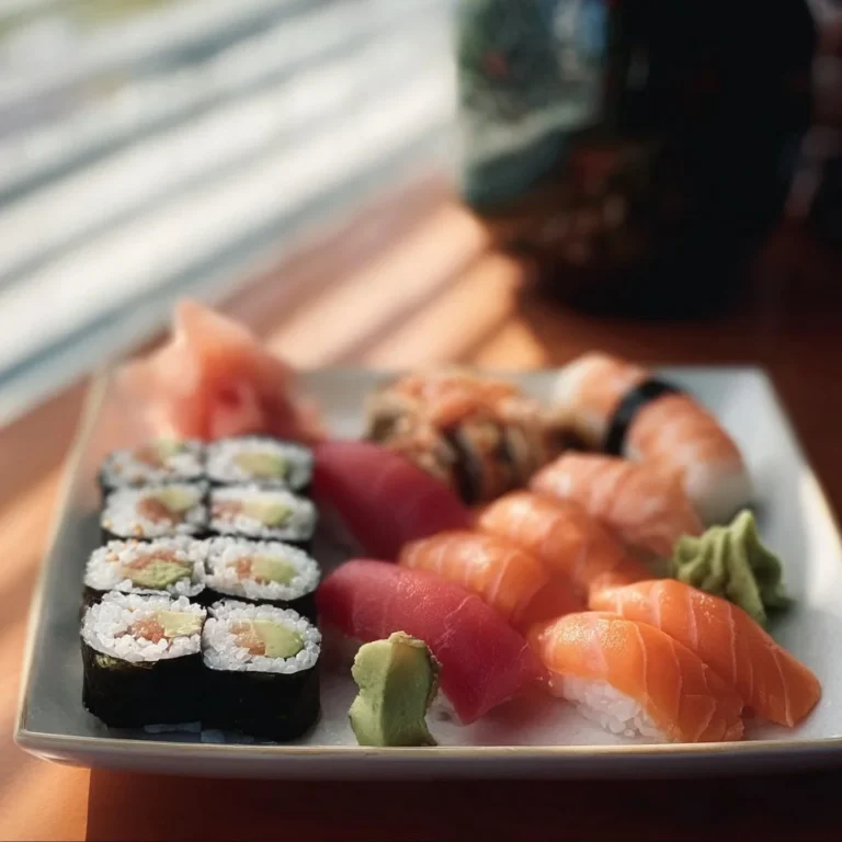 Assortiment de sushi frais avec saumon, thon et avocat sur une planche en bois.