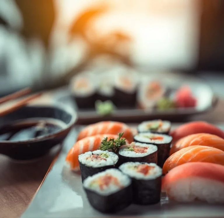 Assortiment de sushi fraîchement préparés avec des ingrédients variés et colorés.