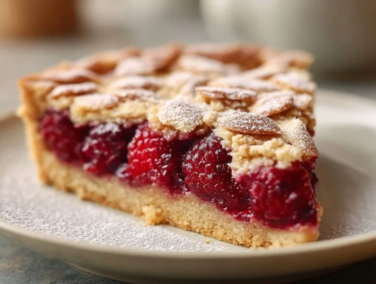 Tarte Bakewell aux Framboises Sans Pâte servie sur une assiette avec framboises fraîches