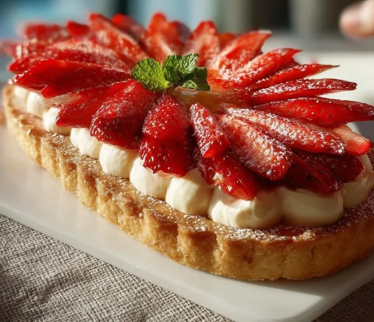 Tarte Dacquoise aux Fraises avec meringue et garniture de fraises fraîches.