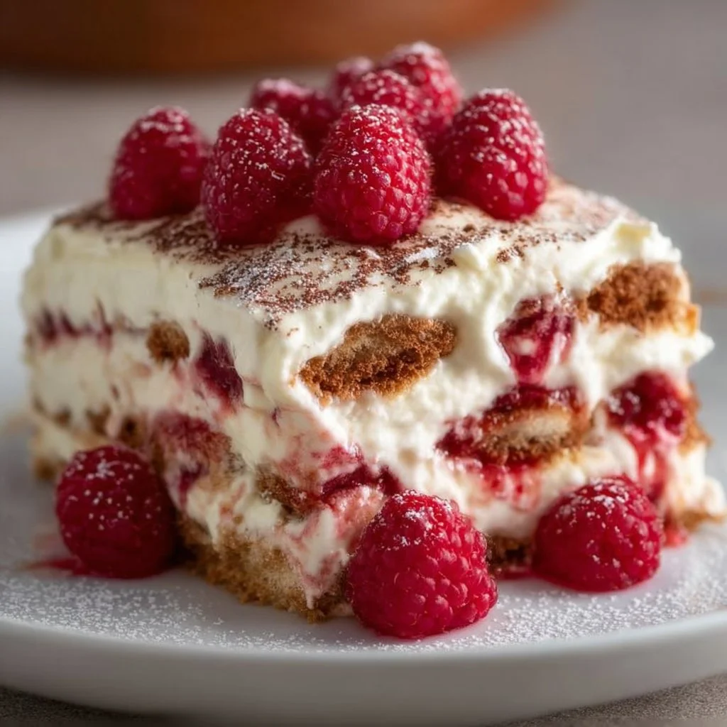Tiramisu crémeux à la framboise, un dessert élégant et fruité.