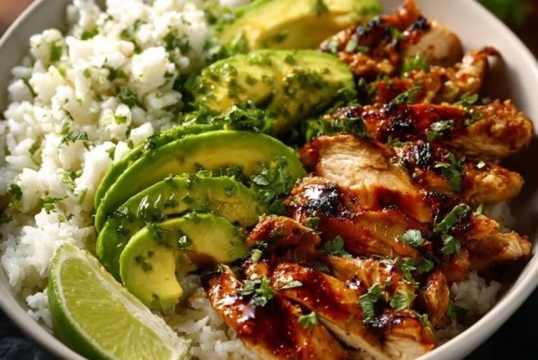 Bol de riz au poulet au miel et citron vert avec avocat, plat sain et riche en protéines.
