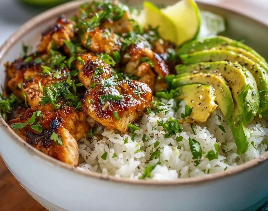 Bol de riz au poulet au miel et citron vert avec avocat &mdash; D&icirc;ner sain et riche en prot&eacute;ines